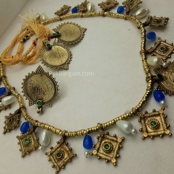 Afghan Tribal Vintage Hasli Pearls Choker Necklace With Coins Earrings and Ring - Picture 5 of 18